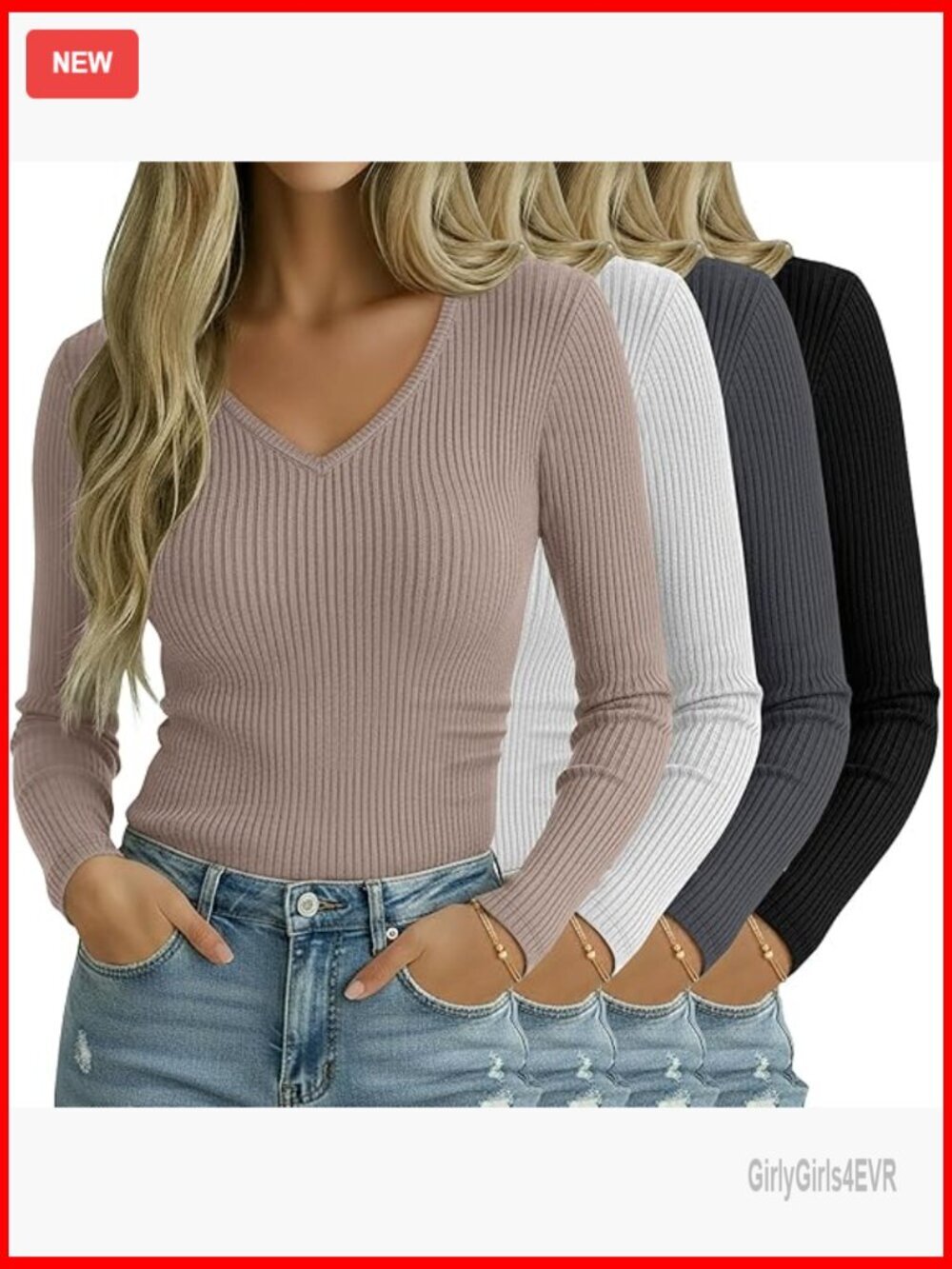 4 Pack Women Ribbed Knit V Neck Long Sleeve Tops Fitted Lightweight Layering